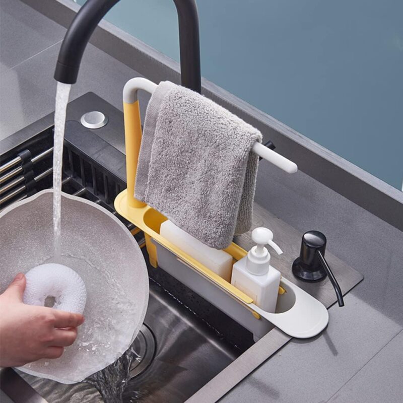 Telescopic Sink Storage Rack Kitchen Telescopic Sink Rack Sink Drain Rack with Tray Sponge Holder Adjustable 2 in 1 Sink Organizer for Home Kitchen, Telescopic Sink, - Image 5