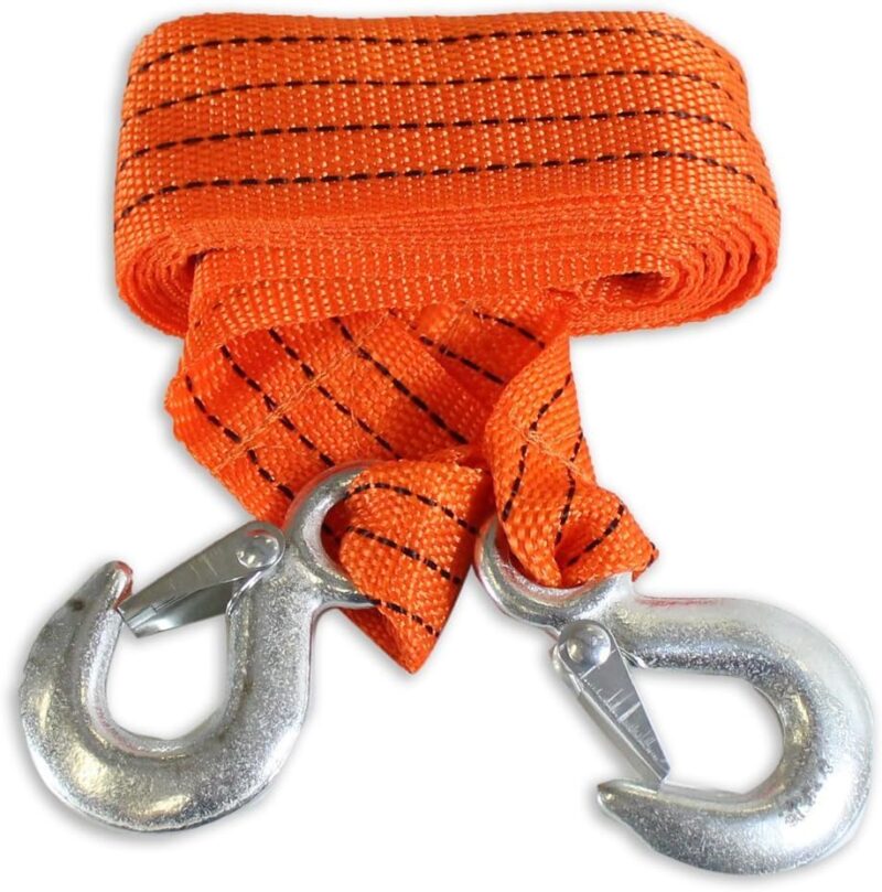 Heavy-Duty Fluorescent Orange Tow Rope – 3 Ton Capacity | 112 Inch Length | Reinforced Nylon Webbing | Forged Safety Hooks